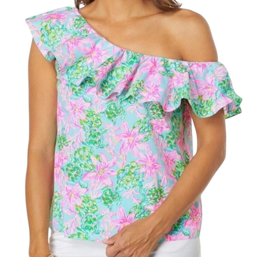 Lilly Pulitzer Zeldie One-Shoulder Ruffle Top Blue Pink Floral Size XS Preppy